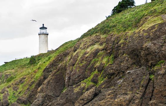 Top of a lighthouse seen behind a mossy ridgeline